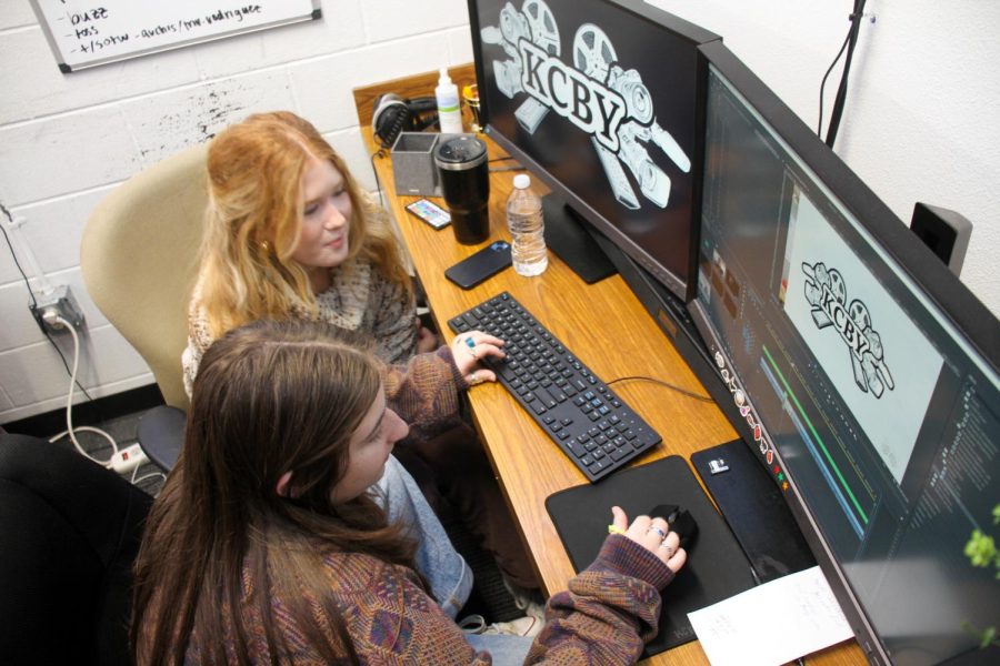 KCBY-TV senior executive producers Lauren Beach and Betsy Krenek edit a segment in the production room on Thursday. KCBY was nominated in six categories for the Lone Star Emmy state chapter of NATAS (National Academy of Television Arts and Sciences). 