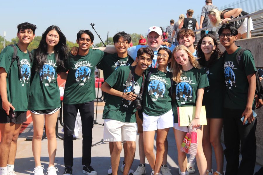Coppell High School Student Council junior and senior officers leave Buddy Echols Field after wrapping up the pep rally on Sept. 23.  Coppell High School held its annual Homecoming pep rally to celebrate various school groups and promote school spirit prior to the game against Plano West.