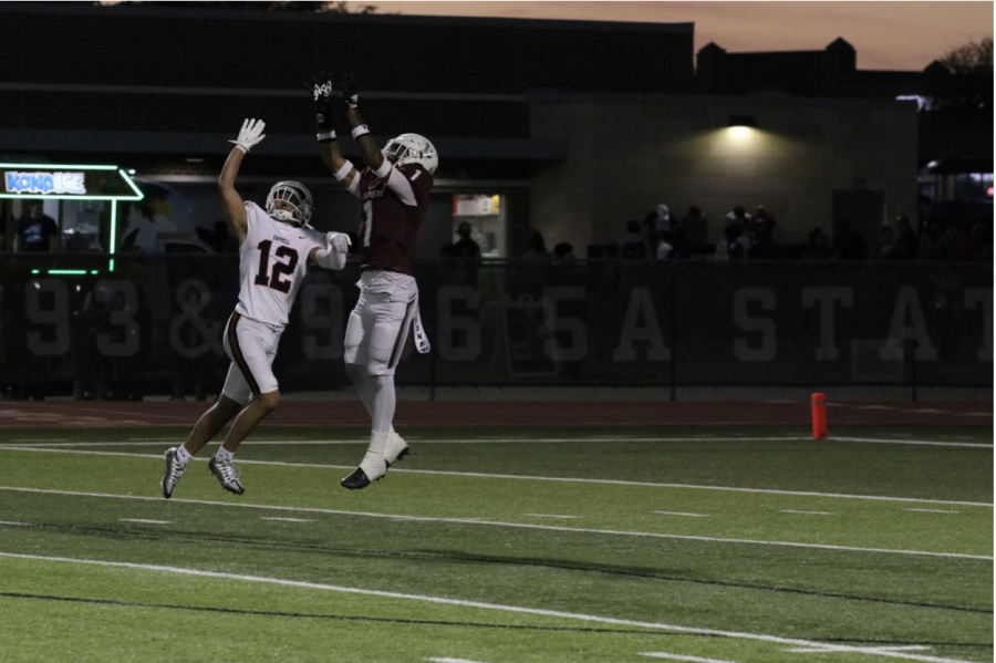 Coppell junior wide receiver Luca Grosoli comes up short against Lewisville Junior safety Jaydan Hardy. Coppell football ended its undefeated win streak against the Lewisville Farmers at Max Goldsmith stadium on Friday night, 38 -3.