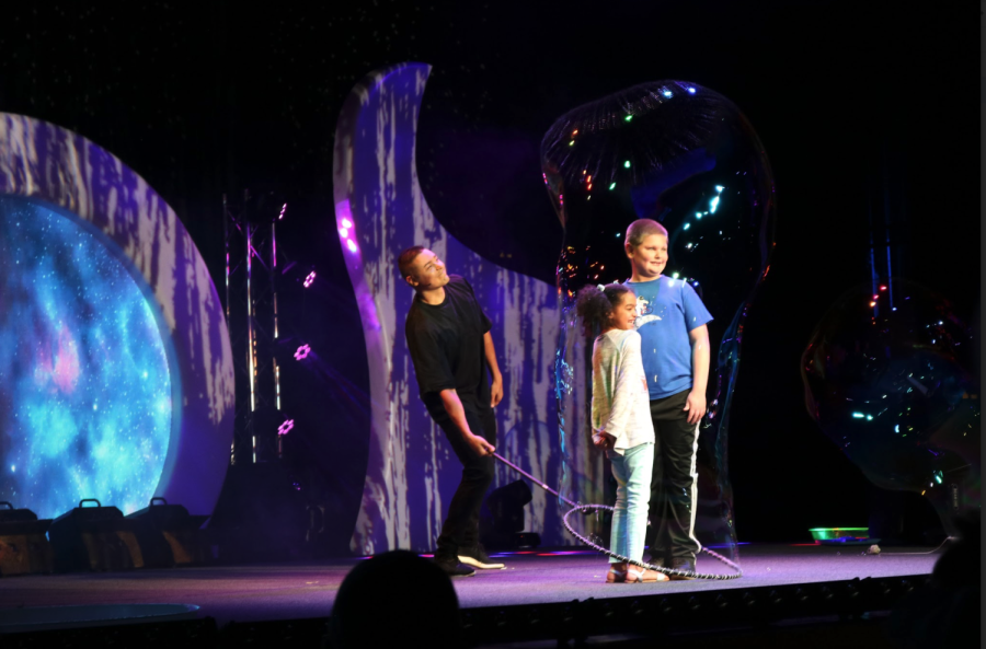 Bubble artist Deni Yang performs a bubble trick at Sunday’s 1 p.m. performance of The Gazillion Bubble Show at the Coppell Arts Center. Yang comes from a family of bubble artists including his father, six-time Guinness Book of World Record holder Fan Yang.