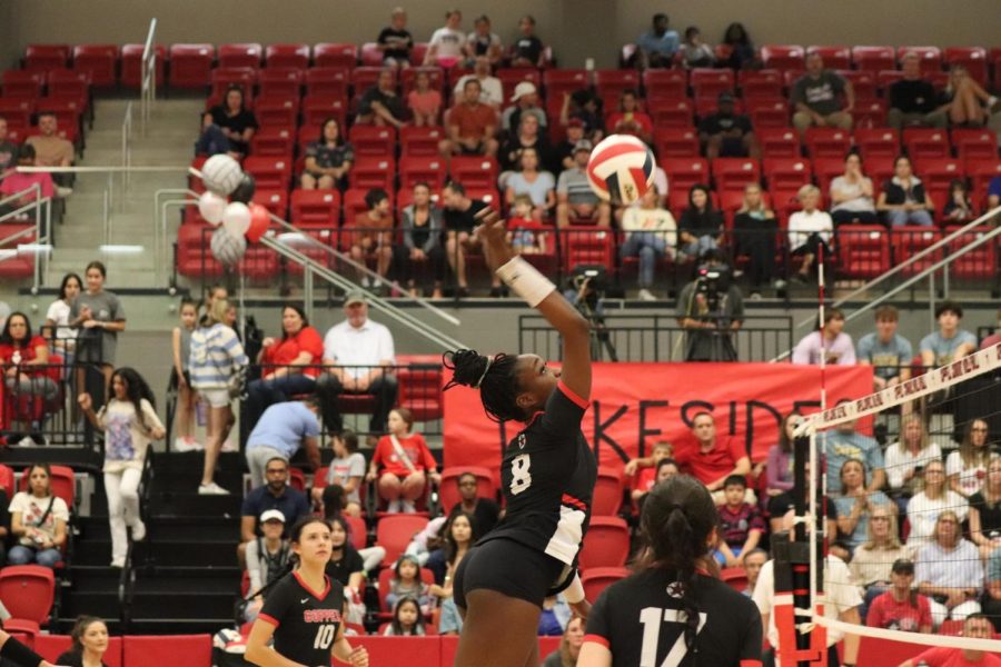 Coppell senior outside hitter Daki Kahungu kills against Plano at CHS Arena on Friday. Coppell hosts Lewisville at 6:30 p.m. at CHS Area on Friday.
