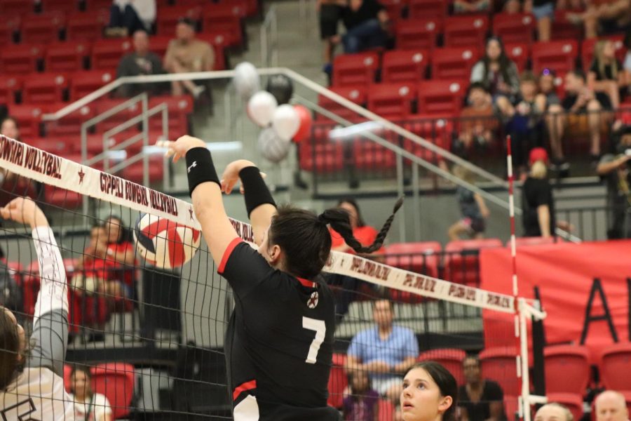 Coppell senior outside hitter Skye Lamendola blocks against Plano at Coppell High School Arena on Friday. Coppell hosts Flower Mound at 6:30 p.m. at CHS Arena on Friday.
