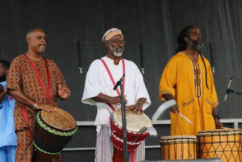 Bandan Koro African Drum & Dance Ensemble performers Edward Dogbe, Kweku Codrington and Ande Jones play the drums during the Kaleidoscope festival at Andy Brown Park East on Oct. 8. Coppell’s annual Kaleidoscope festival highlights the diversity of the community through a display of art, culture and music.
