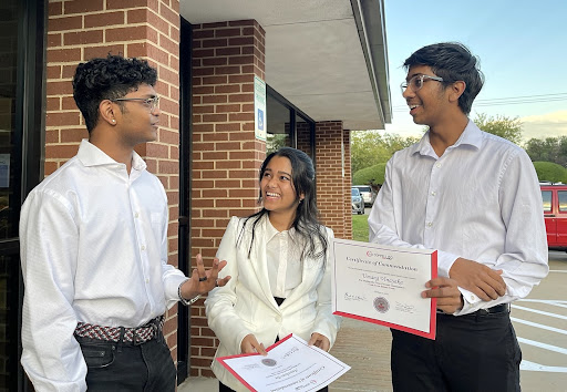 Coppell High School senior Sahith Mocharla, junior Anushree De and senior Umang Vinayaka were selected to be part of the Texas State Team this fall to compete internationally. The Texas State Team is part of the Texas Forensic Association (TFA) and has 15 members from high schools throughout Texas.