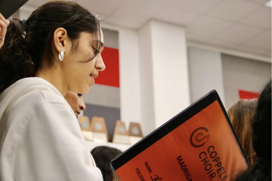 Coppell High School junior Roma Jani rehearses a song during second period on Friday. Jani is an accomplished performer at CHS, currently participating in A Cappella, varsity mixed choir, and Madrigals. Photo by Aliya Zakir