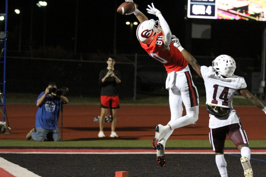 Coppell junior wide receiver Baron Tipton misses a passing touchdown in the end zone against Plano on Nov 3. at Buddy Echols Field. The Coppell football team defeated Plano, 34-7, on Senior Night. 