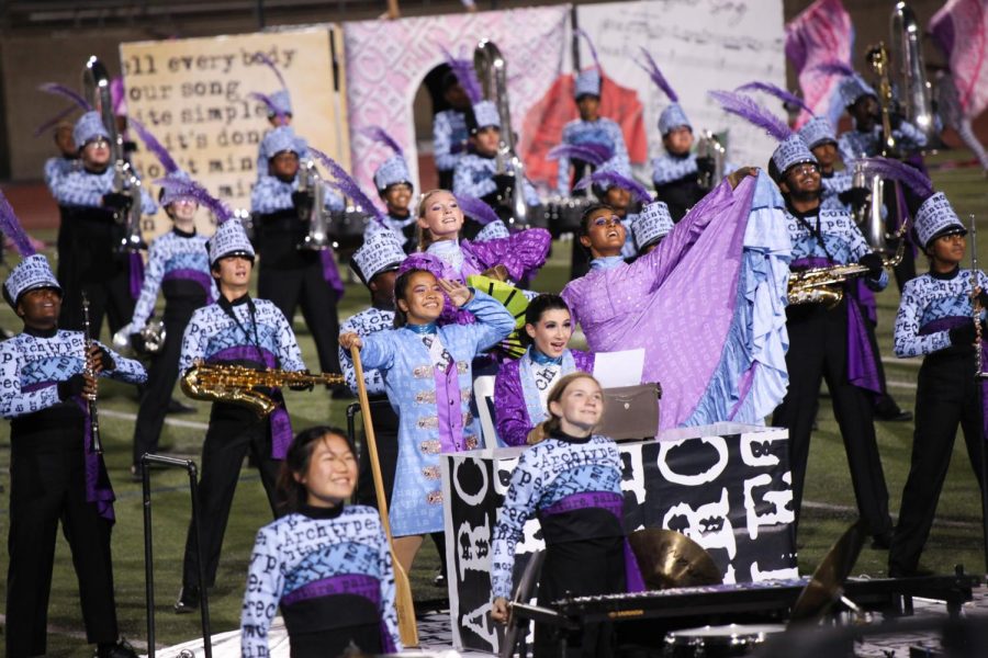 Coppell Color Guard performs “Archetype” at the CHS Band sendoff on Nov. 2 at Buddy Echols Field. Coppell was named a finalist at the UIL 6A marching competition in San Antonio and placed 11th overall.