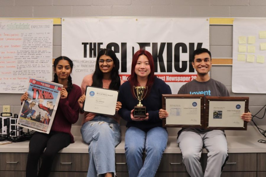 The Sidekick took first place in NSPA Website Best of Show and ninth place in Newspaper Best of Show at the JEA/NSPA Fall National High School Journalism Convention on Nov.12 in St. Louis. The Sidekick executive leadership of junior news editor Sri Achanta, senior editorial page editor Manasa Mohan, senior editor-in-chief Angelina Liu and senior design/interactive editor Srihari Yechangunja led the program to its success.