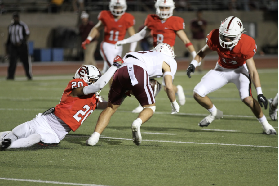 Coppell+senior+cornerback+Zach+Cody+makes+a+tackle+against+Plano+on+Nov.+3rd+at+Buddy+Echols+Field.+The+Cowboys+host+McKinney+tonight+in+the+Class+6A+Division+II+Region+I+bi-district+playoffs+at+7+p.m.+at+Buddy+Echols+Field.