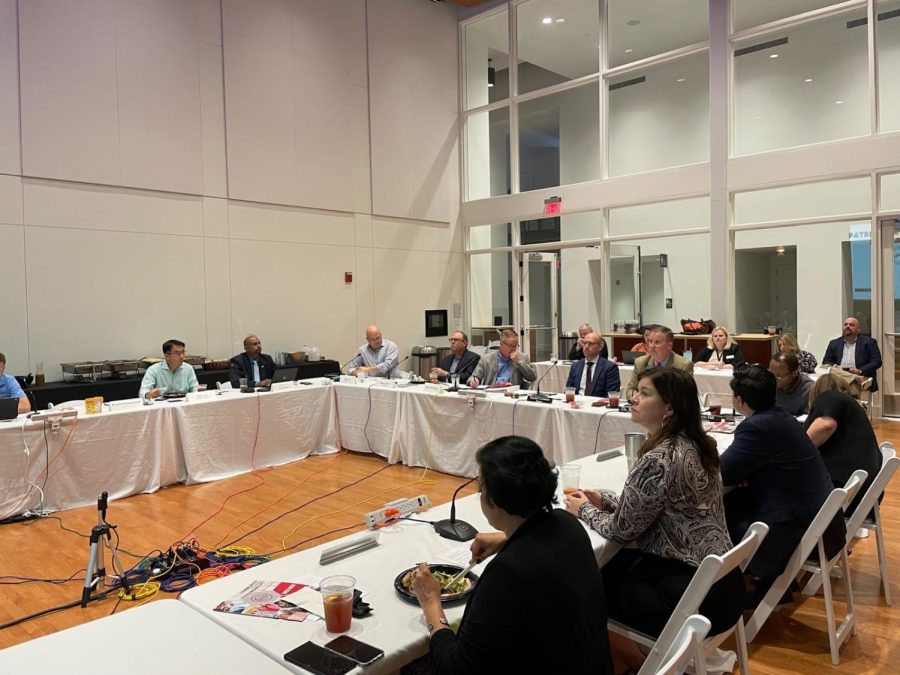 Coppell City Council members and Coppell ISD Board of Trustees discuss the city road construction plans in the Coppell Arts Center on Tuesday. The Council and Board hosted a joint session to discuss various updates.