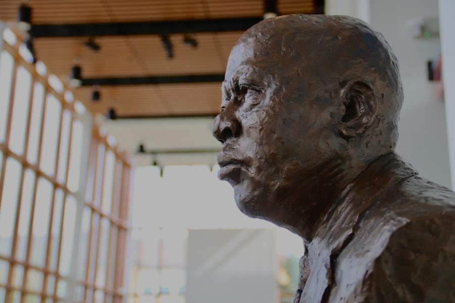 Amy Suttle’s clay sculpture “John Lewis,” inspired by her passion for advocacy, is on display as part of the 100 Miles exhibition at the Coppell Arts Center. The exhibition features artworks of artists within 100 miles of Coppell’s zip code, 75019, and will be on display until Nov. 19. 