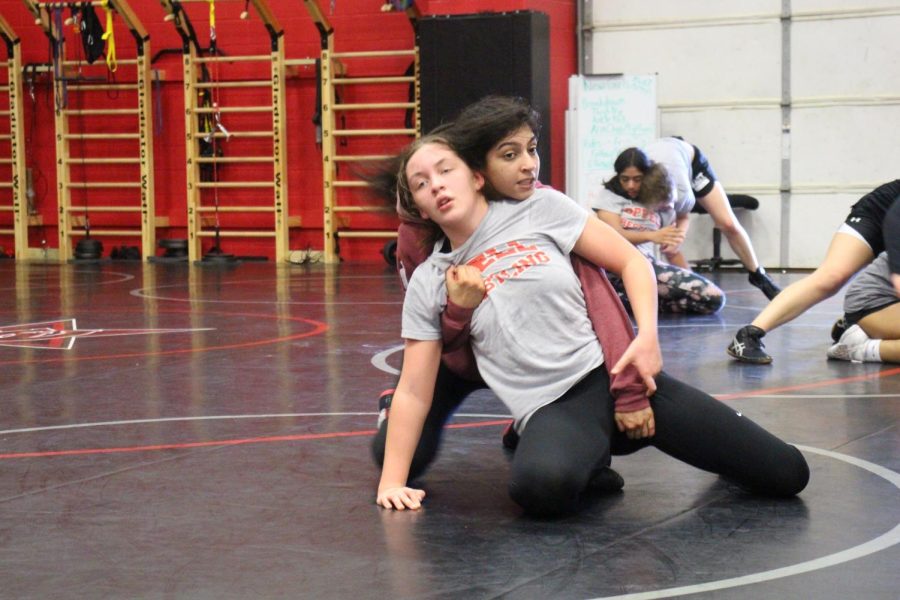 Coppell junior Karissa Godhia and freshman Elizabeth Anne Urick practice on Thursday at the Coppell Field House. The Cowboys placed a first at the Coppell Round-Up with a score of 5-0 on Nov. 18.