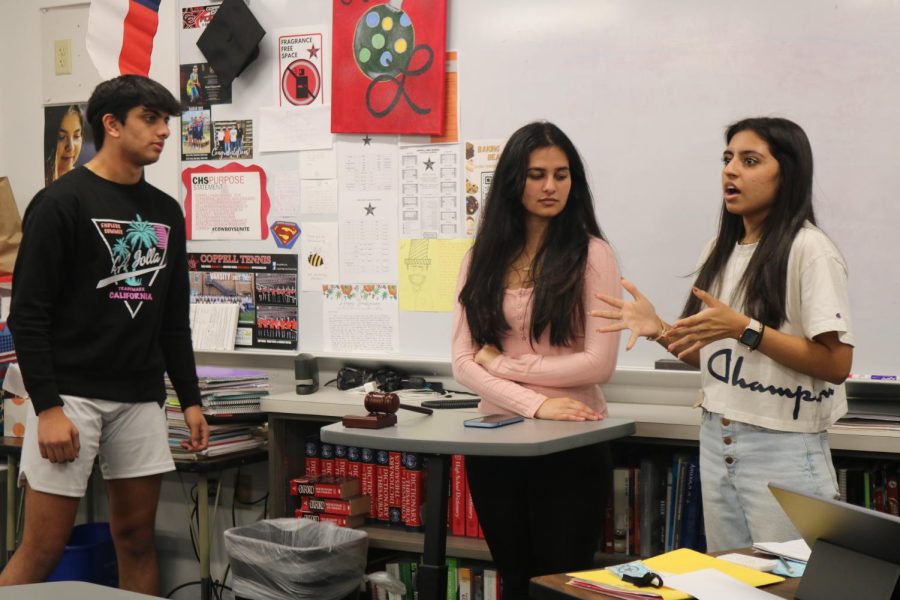 Coppell High School junior Atiya Merchant delivers a con speech during the Youth and Government meeting after school on Wednesday. Youth and Government won three legislative medals during the district conference on November 5th.