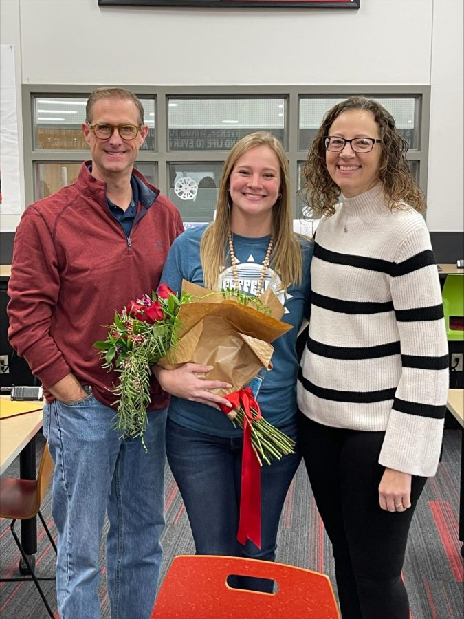CHS9+biology+teacher+Hilary+Schieffer+was+recognized+as+Teacher+of+the+Year+on+Dec.+1+in+the+CHS9+Library.+Schieffer+was+surprised+by+her+parents+who+flew+in+from+Iowa.+Photo+courtesy+Cody+Koontz