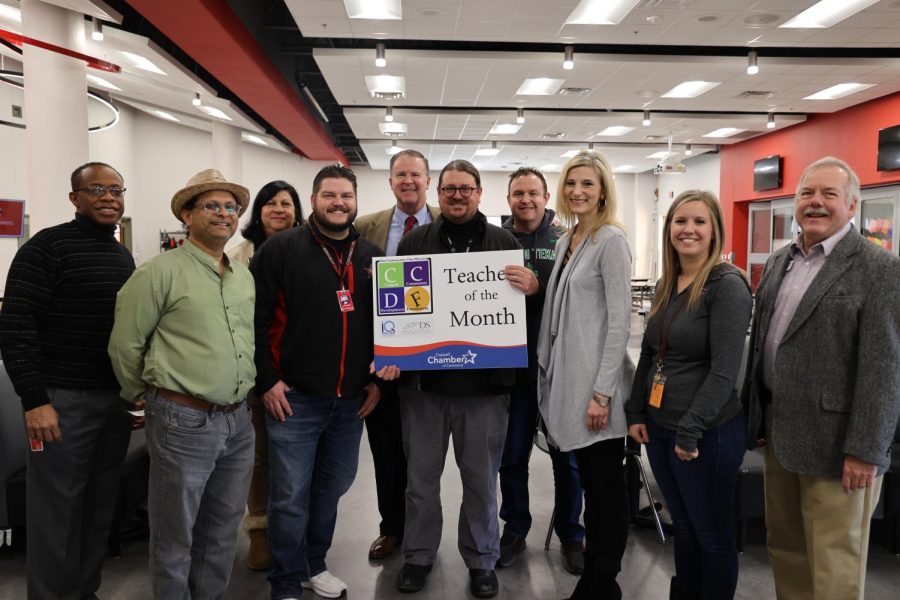 CHS9 special education teacher Chaz Bowen was recognized as CHS9 November Teacher of the Month on Nov. 30 at the CHS9 cafeteria. The honor was recognized by the Coppell Chamber of Commerce through the Coppell Community Development Foundation (CCDF) program. Photo courtesy Mike Grutt