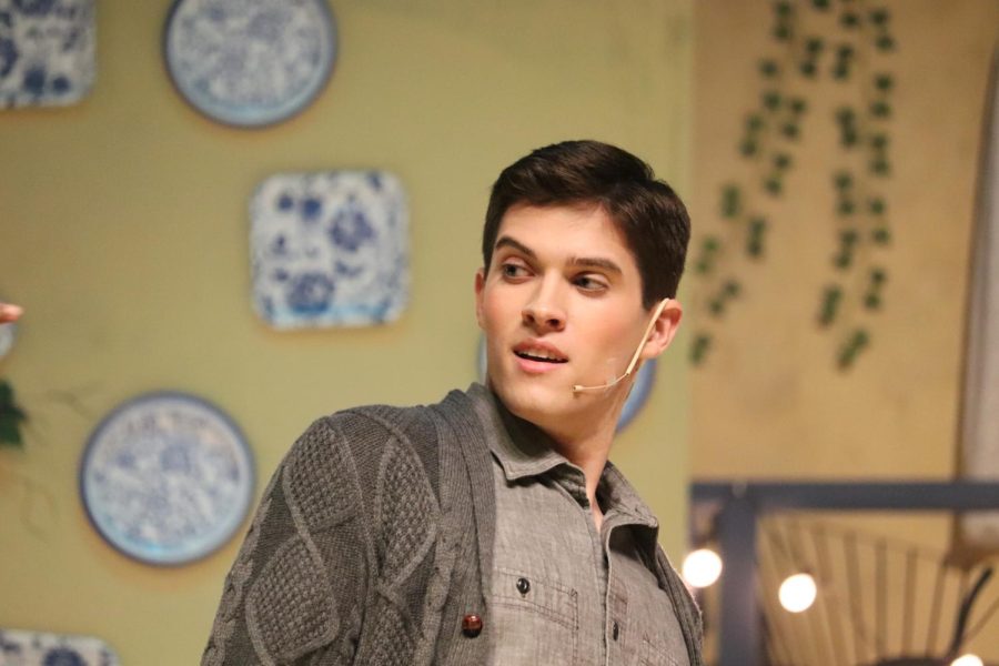Coppell High School senior Tyler Schweitzer plays Sam Carmicheal during the Coppell Theatre Company’s performance of “Mamma Mia!” on Friday. Schweitzer utilizes poignant emotions and character analysis to bring the characters he plays to life.