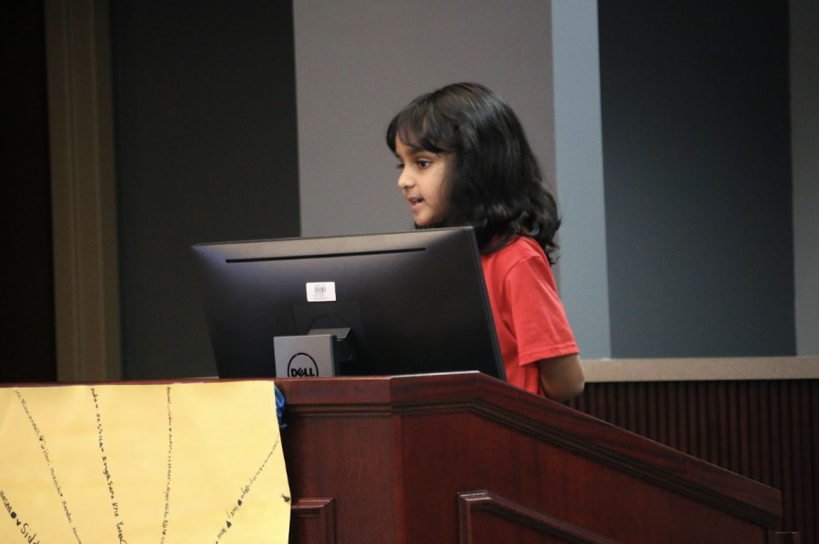 Pinkerton Elementary School second grader Rhua Mohanlal discusses her favorite parts about her school in support of keeping Pinkerton Elementary open at the Coppell ISD Board of Trustees meeting. The meeting was held on Monday at the Vonita White Administration Building.