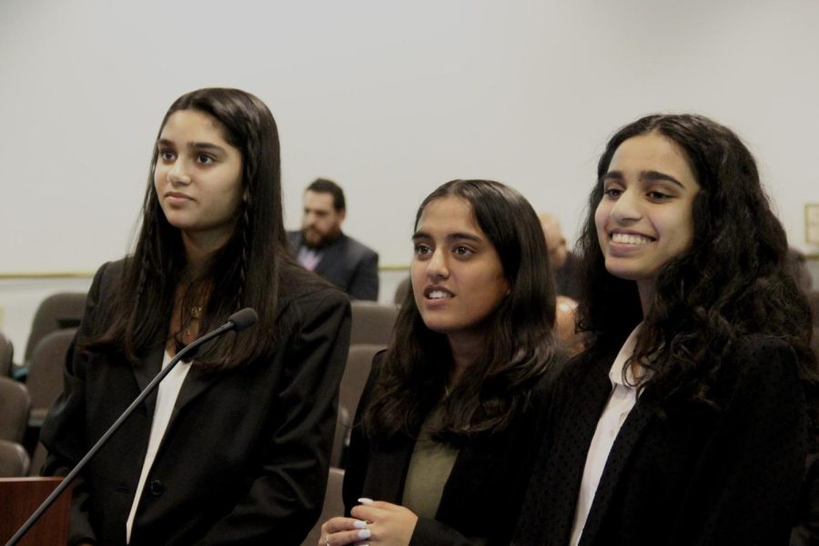 Coppell High School sophomores Sriya Meduri, Mahika Patki and Saanvi Gaddam listen to remarks made by the Coppell City Council after their presentation on heart health for their HOSA competition. The Coppell City Council met on Tuesday night to also hear from the Smart City Board and citizens on recommendations they have for the city.
