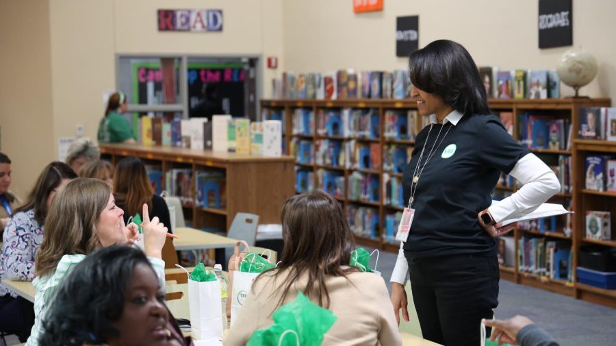 Valley Ranch Elementary Principal Cynthia Arterbery talks to teachers from other schools who came to examine VRE as a Leader in Me school during the Leaders of the Month recognition celebration on Friday at VRE Library. Arterbery began her journey with Leader in Me in 2017 and is persistent in formulating important life skills within students from a young age.