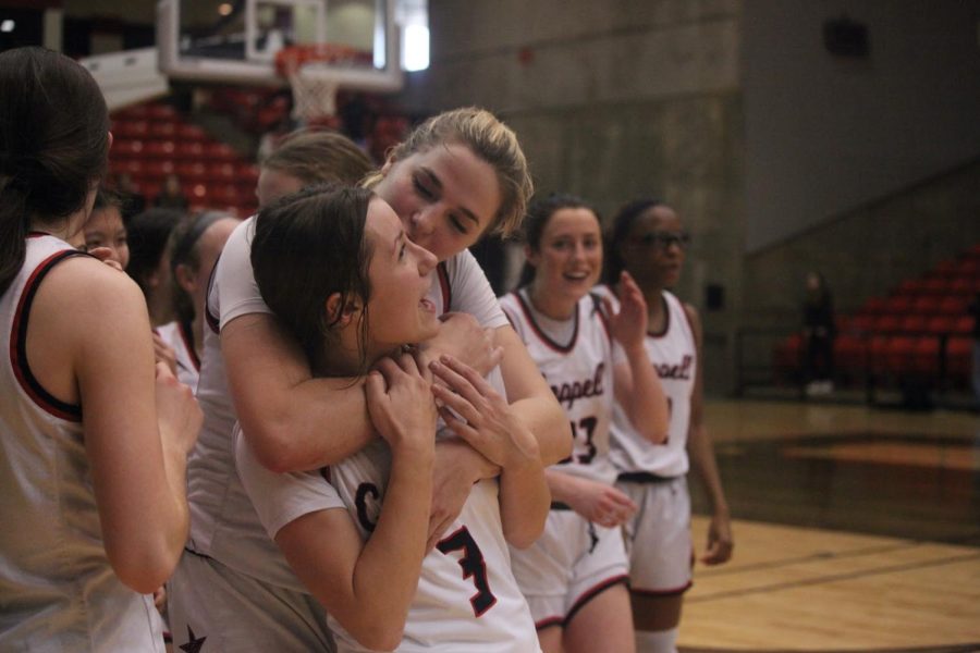 Coppell+senior+guard+Macey+Mercer+and+senior+guard+Jules+LaMendola+celebrate+after+winning+against+Little+Elm+at+Wilkerson-Greines+Activity+Center+in+Fort+Worth+on+Saturday.+Coppell+defeated+Little+Elm%2C+51-47%2C+to+advance+to+its+first+state+tournament.+Coppell+plays+Northside+Clark+in+the+Class+6A+semifinals+at+7+p.m.+Friday+at+Alamodome+in+San+Antonio.