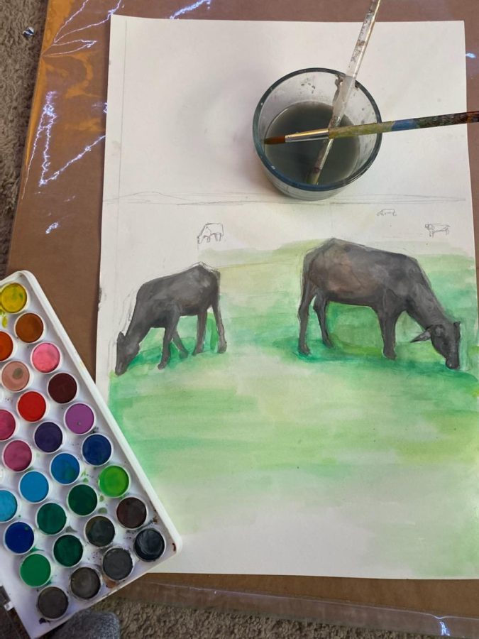 Kondapalli draws a scene of a market using chalk pastels during the inclement weather day on Tuesday. Coppell and the DFW area was hit with winter precipitation starting on Monday, leading to temporary school closures. Photo courtesy Amolika Kondapalli.