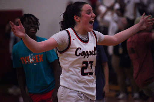 Coppell junior guard Ella Spiller celebrates after the Cowgirls defeated South Grand Prairie at Irving MacArthur on Tuesday. Coppell defeated South Grand Prairie, 43-39, to advance to the Region I semifinals against Southlake Carroll on Friday at Wilkerson-Greines Activity Center in Fort Worth.
