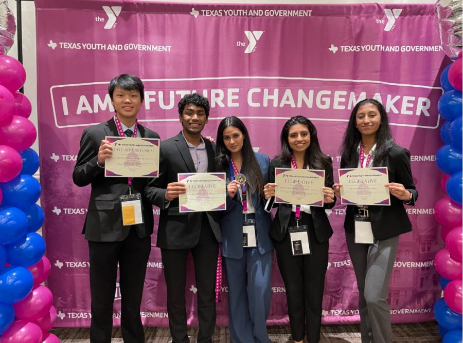 Coppell High School’s Youth and Government (YG) team competed in Austin from March 2-5 for its state competition. Coppell received five medals (pictured left to right). The medalists were sophomore Thomas Gao, junior Akhil Sankar, junior Anusha Narway, junior Atiya Merchant and sophomore Navya Singh. Photo courtesy of Coppell YG.