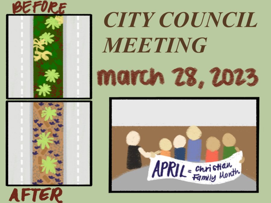Coppell City Council explored options for possible water conservation regarding road medians and declared April 2023 as Christian Family Month. Graphic by Minori Kunte.