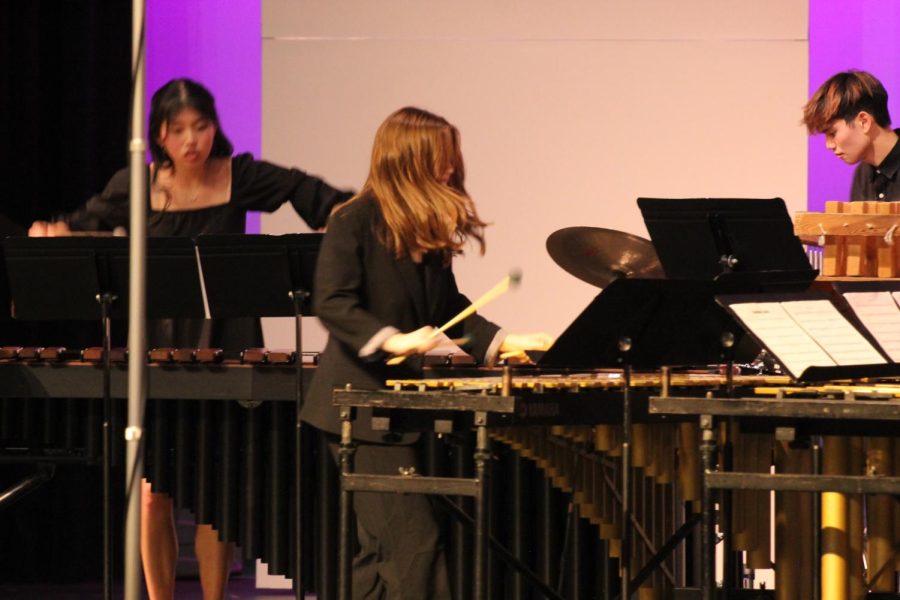 Coppell High School sophomore Sophie Depew performs “Stealing Souls” in CHS Auditorium on Saturday. CHS and Coppell Middle School percussion students presented their annual Purely Rhythmic show featuring guest artist CJ Menge. Photo by Sri Achanta