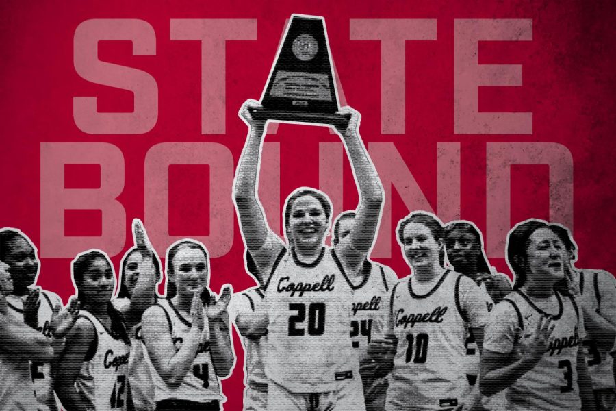 Coppell+senior+forward+Jules+LaMendola+holds+up+the+Class+6A+Region+I+championship+trophy+while+the+rest+of+the+team+celebrates+at+Wilkerson-Greines+Activity+Center+in+Fort+Worth+on+Saturday.+Coppell+defeated+Little+Elm%2C+51-47%2C+to+advance+to+its+first+state+tournament.+Coppell+plays+Northside+Clark+in+the+Class+6A+semifinals+at+7+p.m.+Friday+at+Alamodome+in+San+Antonio.+Photo+illustration+by+Srihari+Yechangunja+and+Olivia+Short
