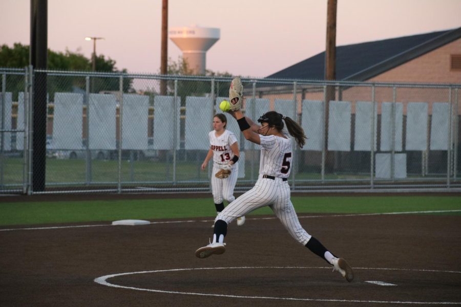 Coppell sophomore pitcher Kayla Shannon pitches against Plano East on Wednesday at CISD Baseball/Softball Complex. The Cowgirls took down the Panthers, 5-4.