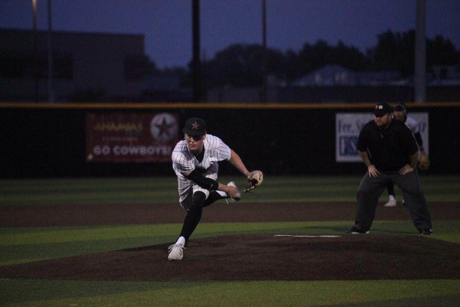 Coppell senior pitcher Andrew Schultz pitches at the Coppell ISD Baseball/Softball Complex on Tuesday. Coppell defeated Plano West, 12-2, on Tuesday.