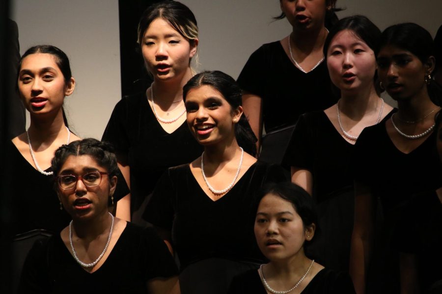 Coppell High School Choir president, senior Mihira Kada, sings “Sleep” by Eric Whitacre at the Spring Choir Concert on Tuesday in the CHS auditorium. Senior Mihira Kada has finished her high school choir journey and hopes to continue pursuing her passion for singing as she goes to college.