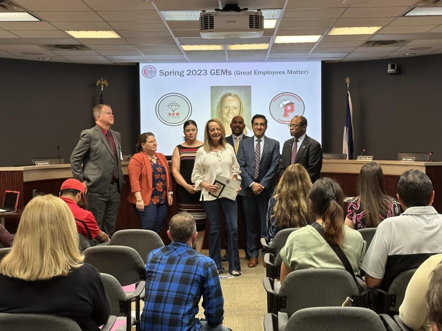 The Coppell ISD Board of Trustees presented Pinkerton Elementary School PE teacher Colleen Michaelis with a Spring 2023 GEM Award on Monday at the Vonita White Administration Building. GEM recipients are nominated by peers and recognized by the Board semi-annually.