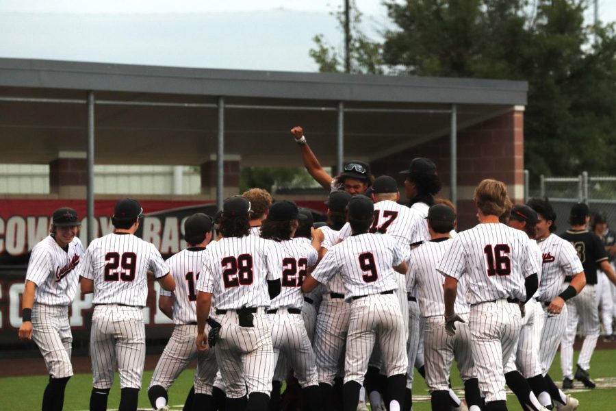 The Coppell baseball team celebrates its walk-off victory against Plano East at Coppell ISD Baseball/Softball Complex on Tuesday. The Cowboys defeated the Panthers, 6-5.