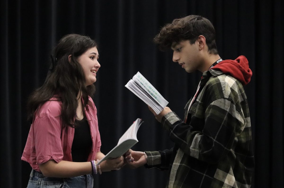 Coppell High School junior Sophie Caswell and New Tech High @ Coppell junior Sarvin Narang rehearse Coppell Theatre Company’s fall production “Harvey” in the Black Box Theatre on Monday. Rehearsals began on Aug. 28 and the show is set to be performed Oct. 6-7 at 7 p.m. and Oct. 8 at 2:30 p.m. in the CHS Auditorium.
