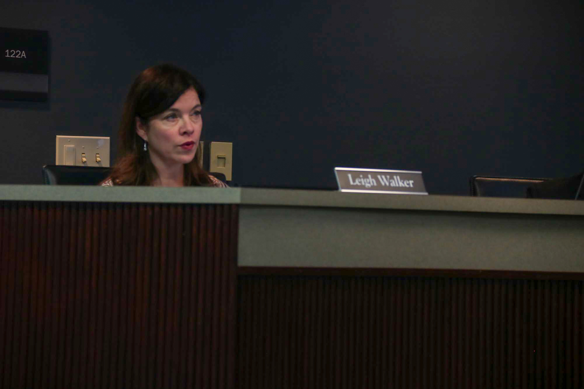 Coppell ISD Board trustee Leigh Walker discusses district updates at a meeting Monday in the Vonita White Administration Building. The board talked about future plans on campus modernizations, mental health programs, and district funding.