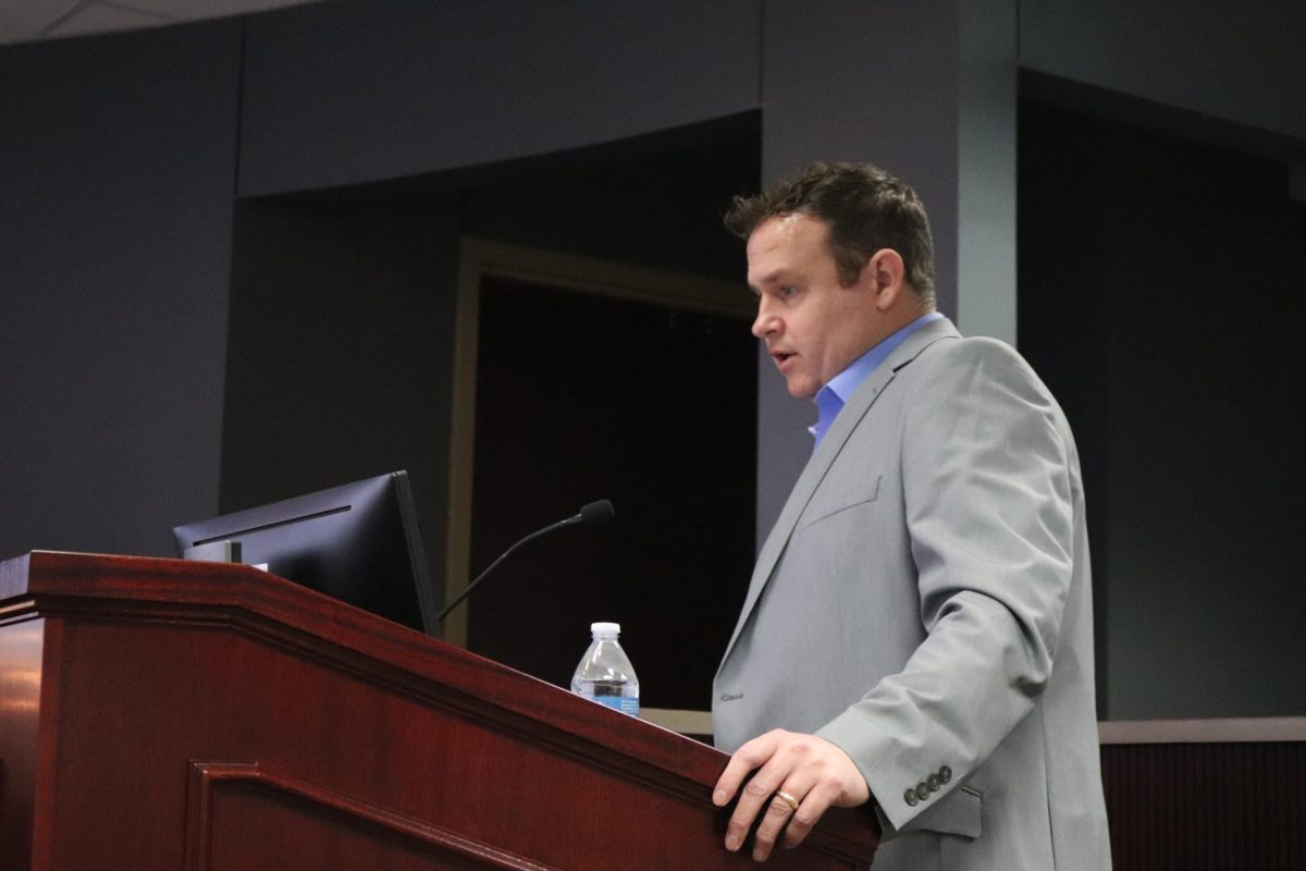 Coppell ISD director of Career and Technical Education Josh Howard discusses new CTE certifications in a school board meeting at the Vonita White Administration building on Monday. The board announced Dwight Goodwin as the new executive director of technology of CISD, and reviewed changes to the CTE program.
