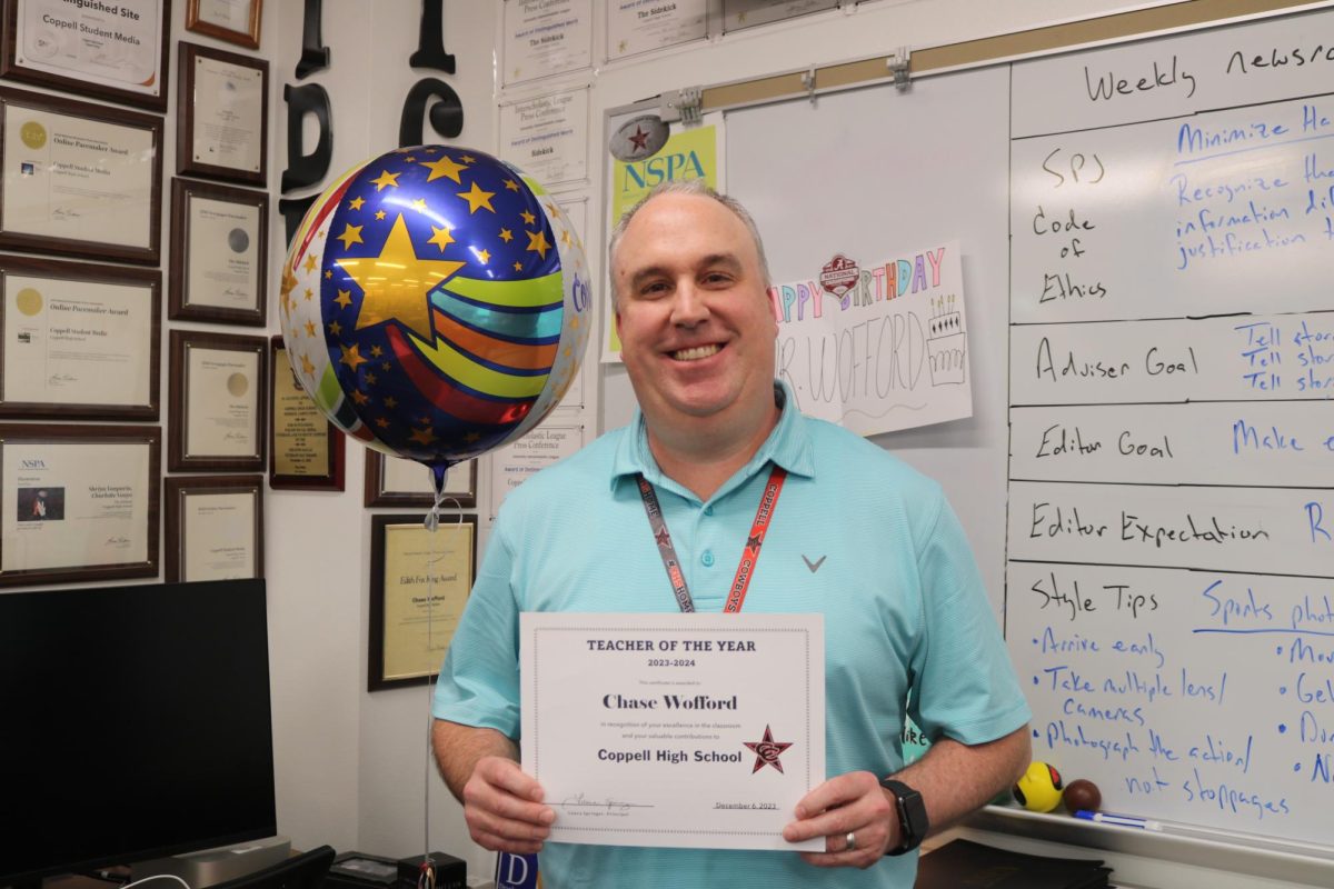 The Sidekick adviser Chase Wofford was named 2023-24 Coppell High School Teacher of the Year on Wednesday. Seven nominees were announced last Friday and the winner was announced at Wednesday’s faculty meeting. Wofford received a certificate, blanket, backpack, jacket and Visa gift card. 