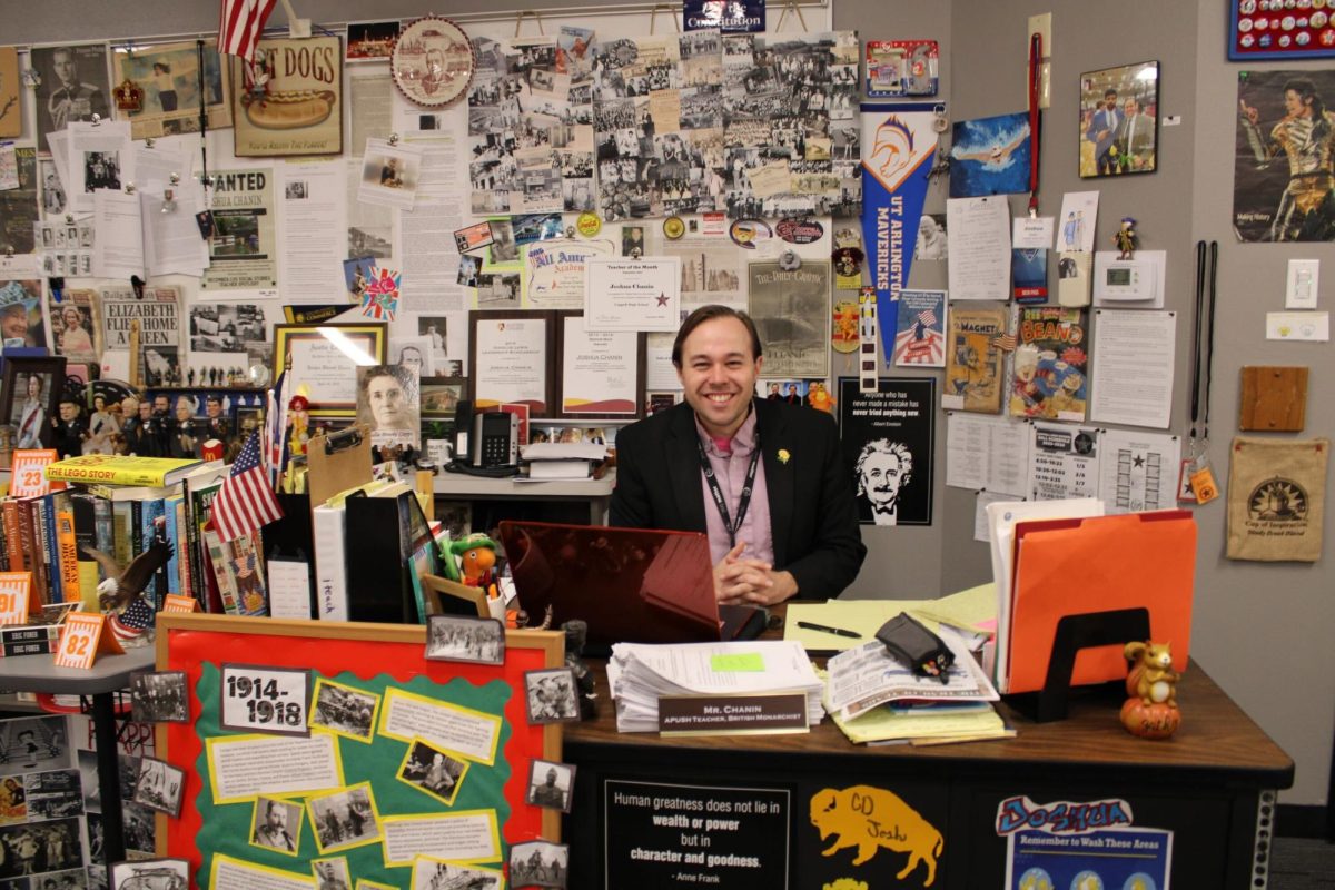 Coppell High School AP U.S. History teacher Joshua sits in his classroom, decorated with unique parts of him. Chanin has been selected as The Sidekick’s Volume 35 No. 3 Teacher of the Issue.