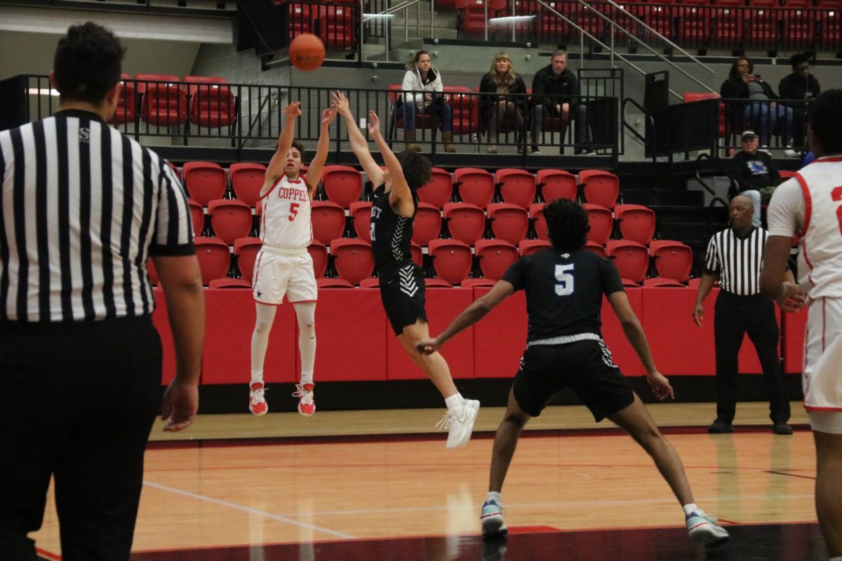 Coppell senior guard Gabe Pehl shoots a 3-pointer against Plano West on Tuesday at CHS Arena. The Cowboys play Flower Mound Marcus on Friday at 7:30 p.m. at CHS Arena.