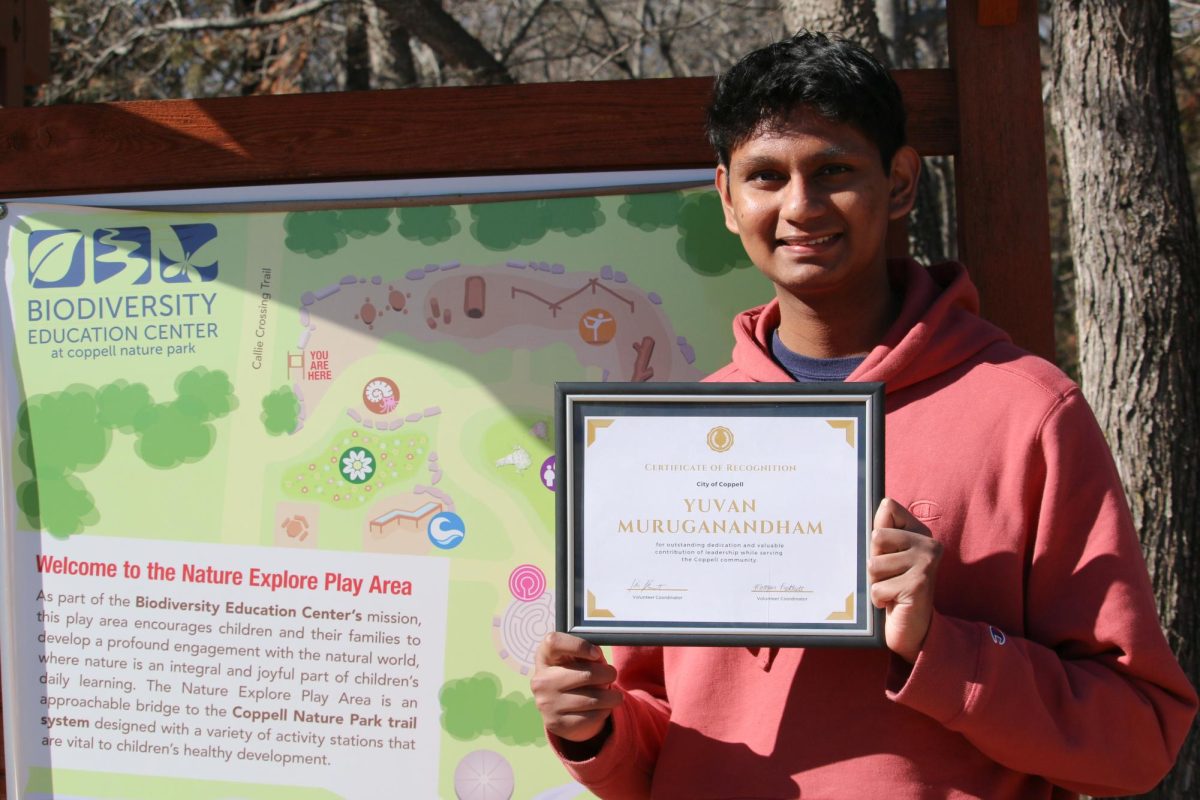 Coppell High School senior Yuvan Muruganandham volunteers at the Coppell Biodiversity Center and specializes in educating children during special events. Muruganandham was recognized for his hours of community service for the city of Coppell.