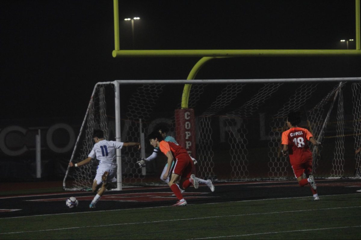 Plano West junior Daniel Fialkov scores in the final 30 seconds of the match in a 3-1 victory over Coppell on Tuesday at Buddy Echols Field.