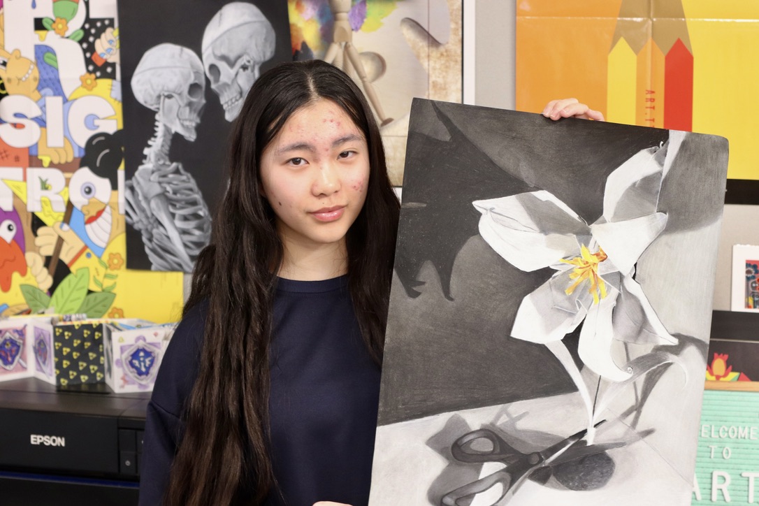 CHS9 student Ava Hong used charcoal for her piece titled  Jealousy, in response to a rock, paper, scissors prompt. Hong is one of three to have her piece selected to represent CHS9 at the District Youth Art Month Exhibit and Awards Ceremony. 