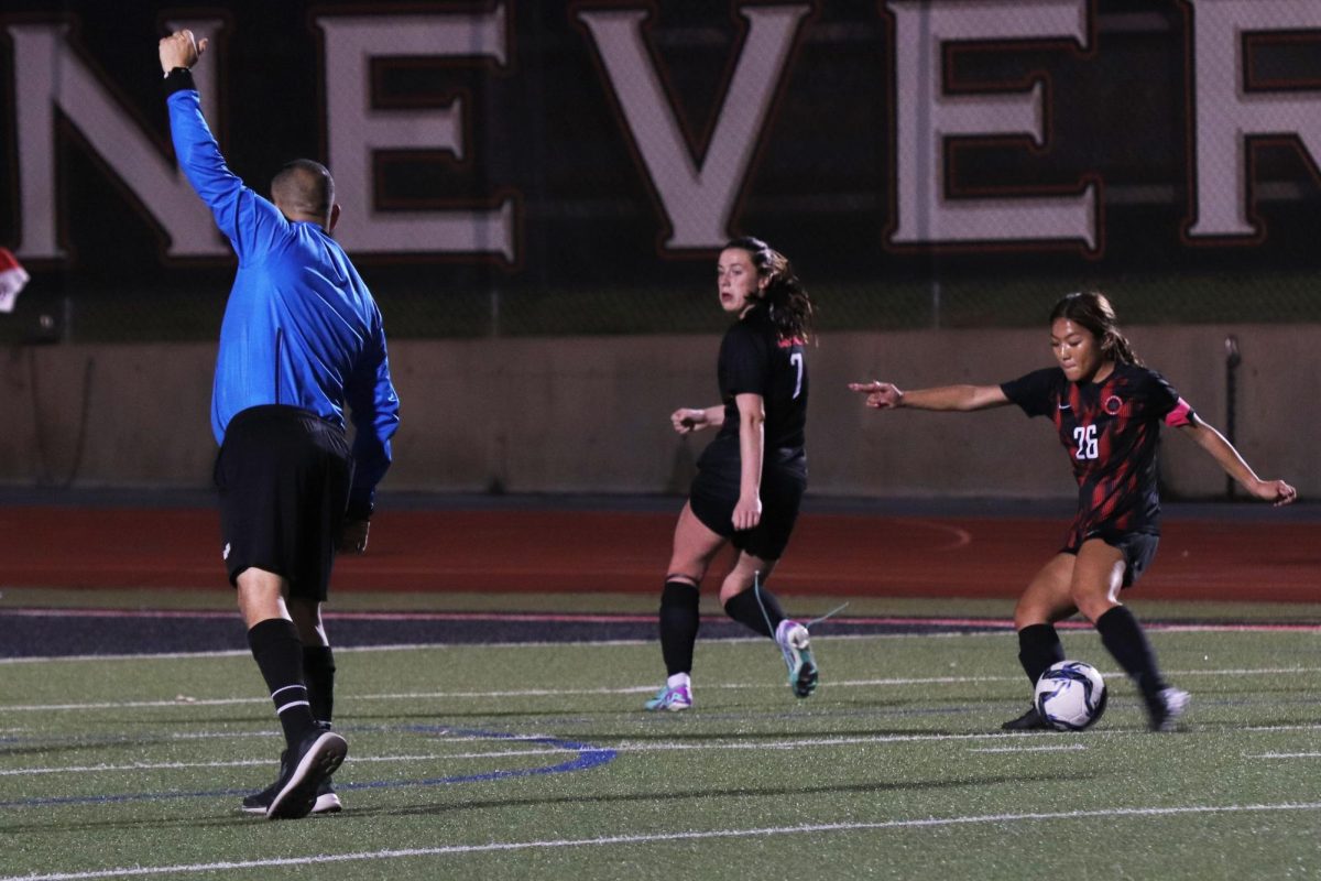 Coppell junior midfielder Summer Chen scores the matche’s first goal from an indirect kick in the first half. The Coppell girls soccer team defeated Hebron 3-2 on Tuesday at Buddy Echols Field. 