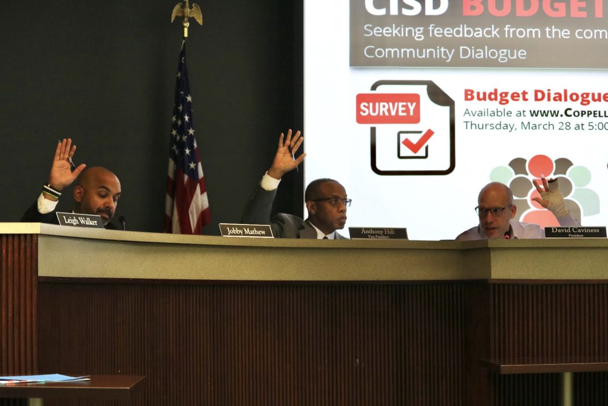 School+board+members+Jobby+Mathew%2C+Anthony+Hill%2C+and+David+Caviness+vote+in+favor+of+the+renovation+of+Valley+Ranch+Elementary+School+on+Tuesday+in+the+Vonita+White+Administration+Building.+The+school+board+addressed+the+economic+plan+for+the+2024-25+school+year%2C+including+renovations+for+Valley+Ranch+Elementary+School%2C+the+boardroom%2C+the+tennis+center%2C+and+more.