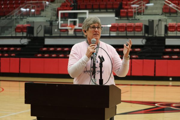 Coppell Principal Laura Springer shares important reminders to seniors on March 20 at CHS Arena. Coppell High School organized a pep rally to update seniors on upcoming important events, such as prom, senior picnic and graduation ceremonies.