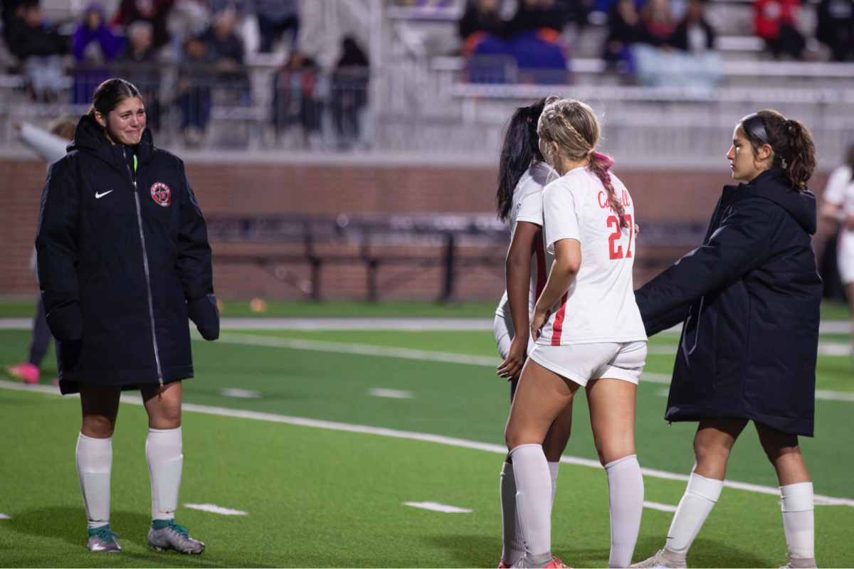 Coppell senior defender Hannah Rosson cries following  a loss to the Eagles at Prosper Children’s Health Stadium on Tuesday. Prosper defeated Coppell, 2-1, during second overtime in the Class 6A Region I bi-district playoffs.