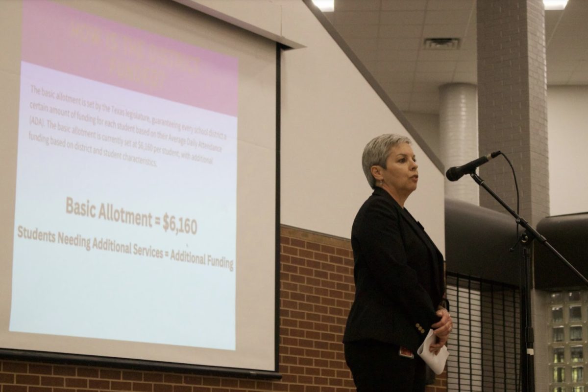 Chief financial officer Diana Sircar explains how Coppell ISD is funded at the Coppell High School Commons at Thursday evening’s Budget Community Dialogue. District administrators addressed Coppell ISD’s strained budget and called for feedback from attendees.  
