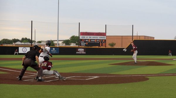 Coppell junior first baseman Joaquin Oaxaca bats in the bottom of the first inning against Lewisville. The Farmers defeated the Cowboys 1-0 at the Coppell ISD Baseball/Softball Complex on Tuesday. Photo courtesy KCBY-TV.
